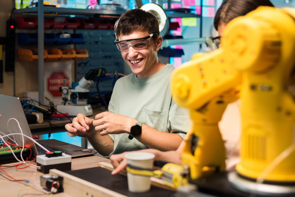 Grupo de jóvenes realizando experimentos de robótica.