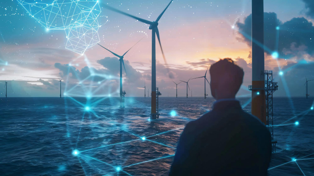 Un ingeniero petrolero viendo las hélices de energía eólica