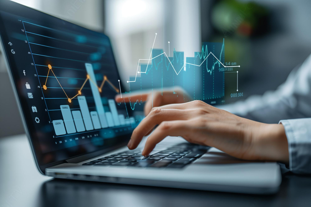 El empresario utiliza un portátil para analizar un gráfico de crecimiento y mostrar las ganancias del negocio en una pantalla virtual.
