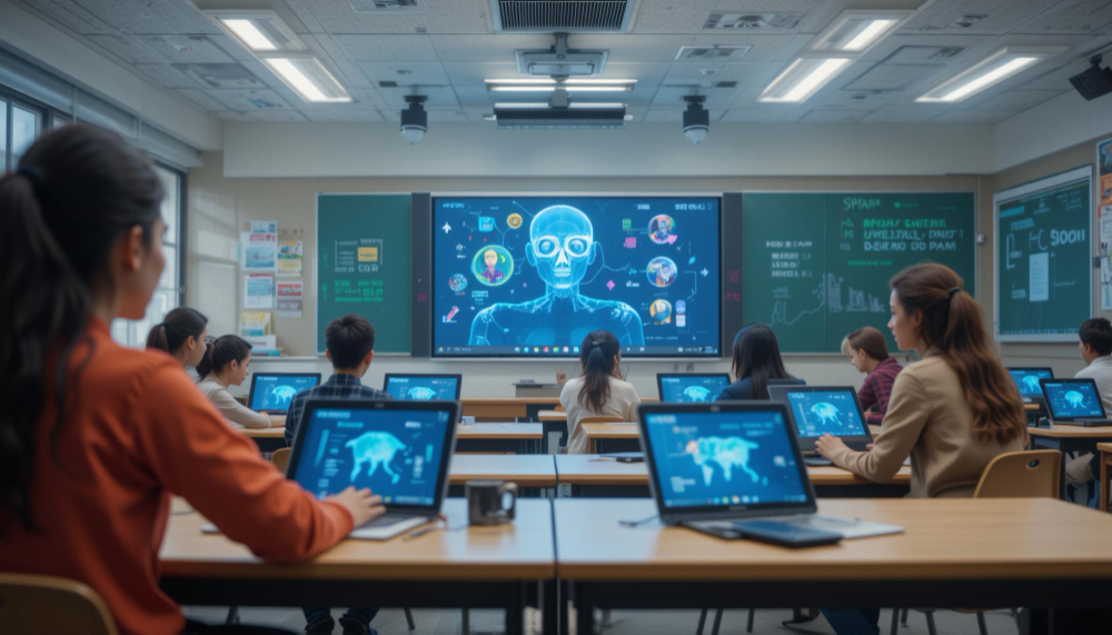Chicos teniendo una clase con un ecosistema inteligente