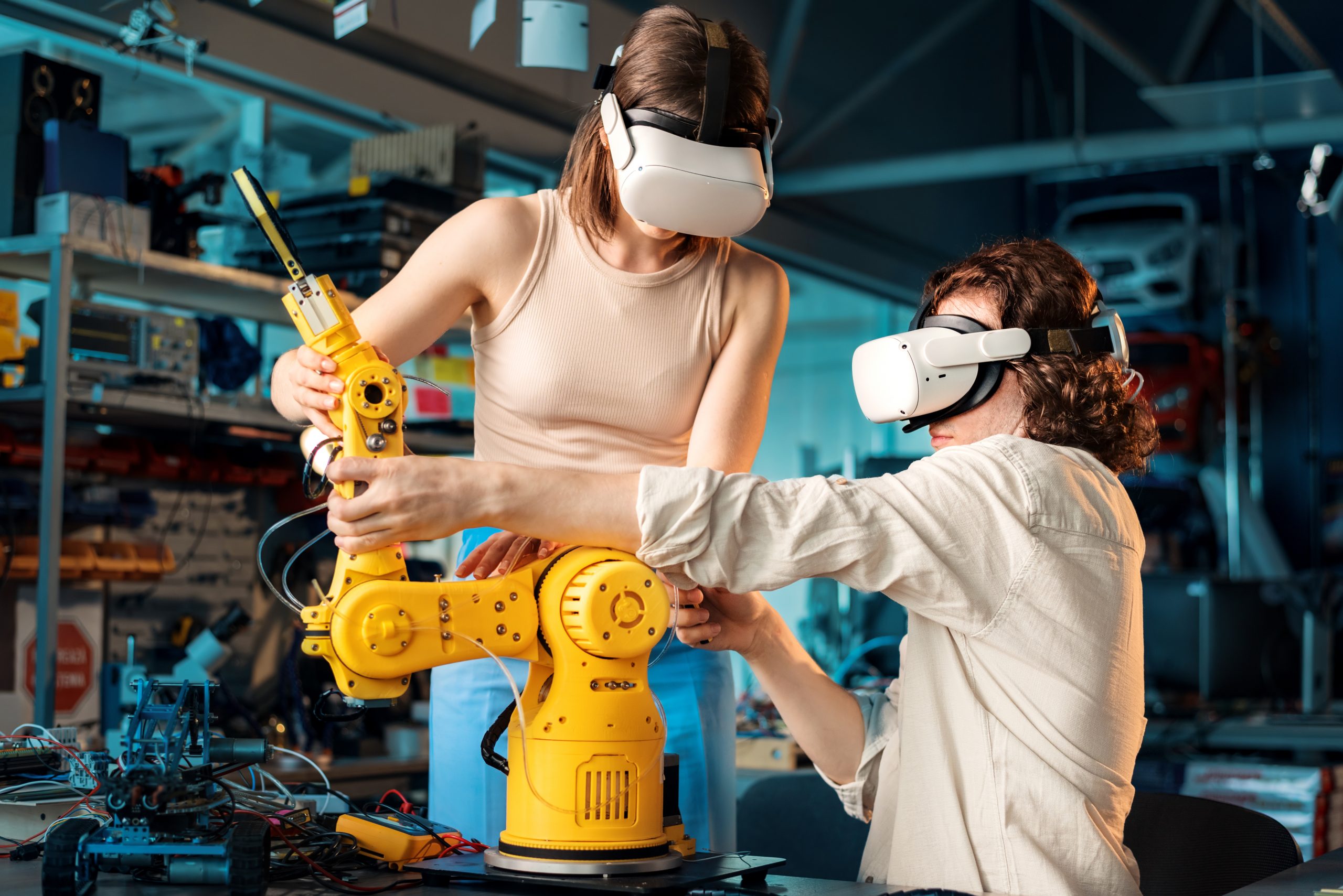 Un joven y una mujer con gafas de realidad virtual realizan experimentos de robótica en un laboratorio.